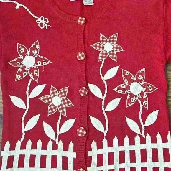 Red White Vintage Embroidered Gingham Cardigan Sweater Cottagecore Floral - Picture 3 of 6